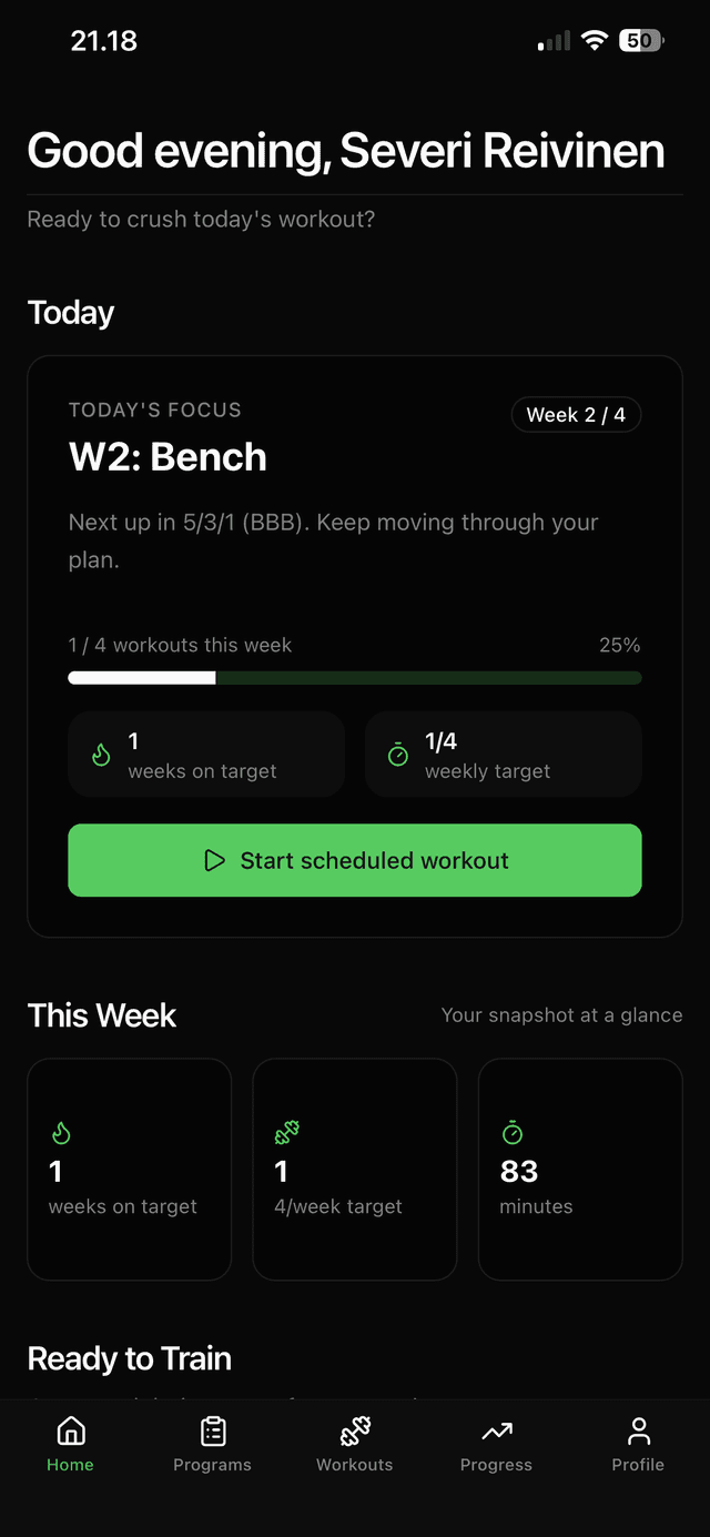 Voima app home screen showing workout overview