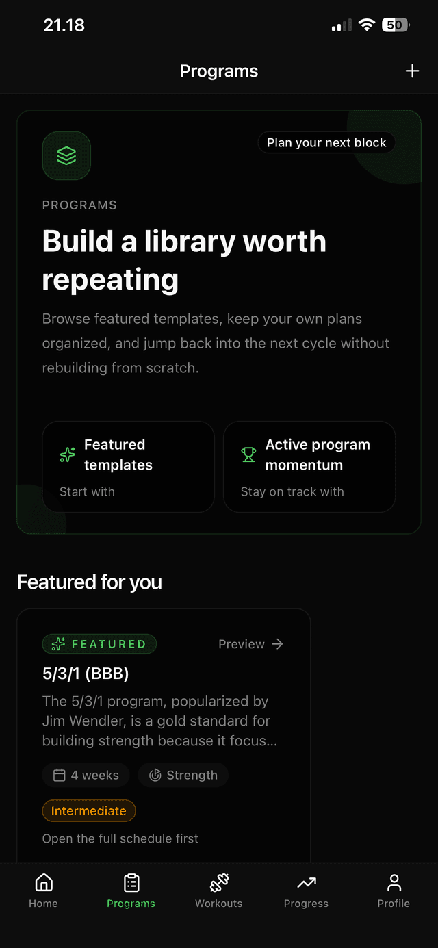Voima app programs screen showing featured programs