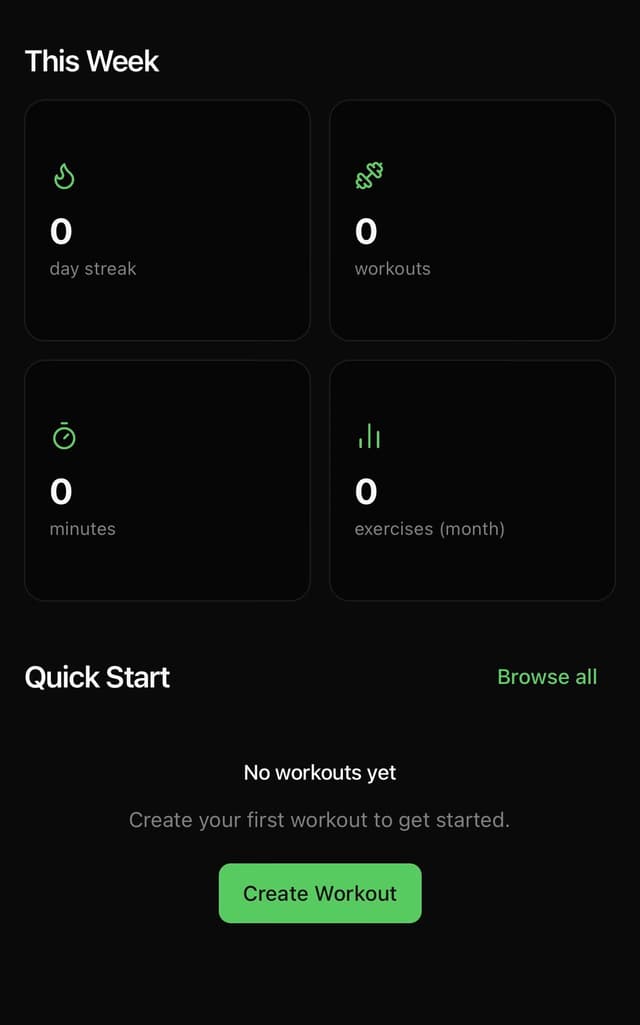 Voima app workouts screen with exercise list